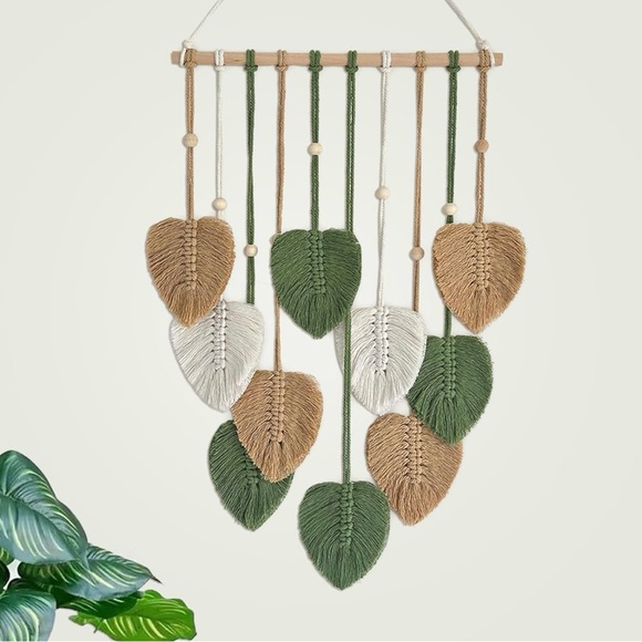Macrame Boho Leaf Wall Hanging Decor - Green,  Off White, Caramel - Picture 1 of 4